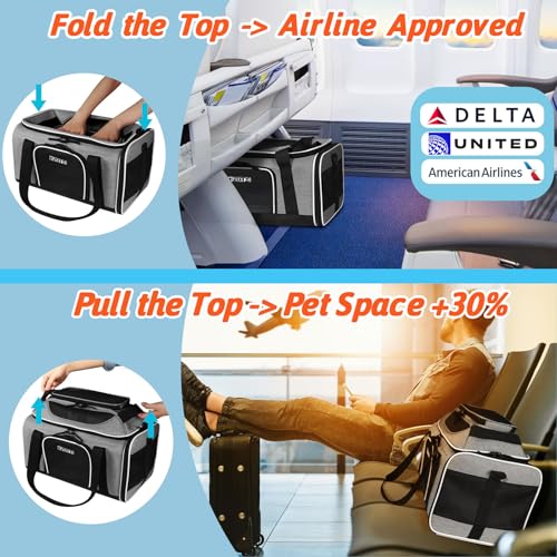 Petskd Top-Expandable Pet Carrier 18x11x11 Inches Delta American United Airline Approved, Soft-Sided Carrier for Small Cats and Dogs with Locking Safety Zippers and Anti-Scratch Mesh(Grey) - color: Grey, size: 18.0"L x 11.0"W x 11.0"H