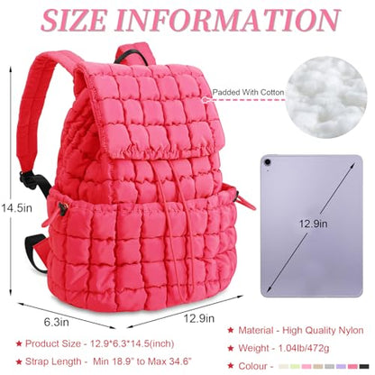Quilted Puffer Backpack for Women, Lightweight Soft Nylon Quilted Hiker Pack Top Flap Drawstring Backpack, Trendy Puffy Padding Gym Travel Bag for Casual Daypack Hiking Sport (Rose Red) - color: Rose Red