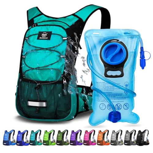 Mothybot Insulated Hydration Backpack Pack with 3L BPA Free Leak Proof Water Bladder, Large Storage Lightweight Hiking Daypack with Waist Pouches & Cooler Layer, for Running, Biking, Camping, Festival - color: Emerald