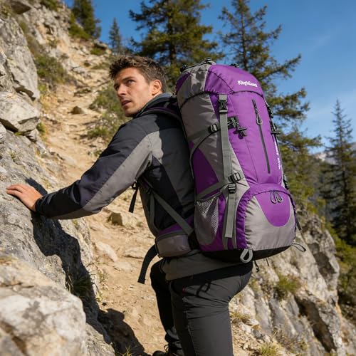 70L Camping Hiking Backpack with Rain Cover Waterproof Backpacking Backpack for Hiking Treeking Climbing Outdoor - color: Purple