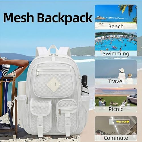 Mesh Backpack for Girls Boys, Women Mesh Bookbags Heavy Duty Semi-Transparent School Bag Net Back Pack for Travel, Beach, Swimming, Work - White - color: White