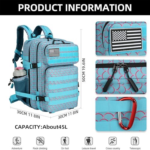 45L Military Tactical Backpack Hiking Backpacks Tactical Gear Camo Back Pack Army Molle Bag Rucksack Fitness Daypack - color: Mermaid
