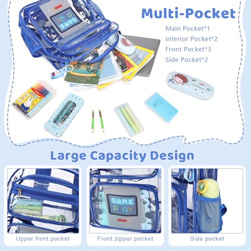ACESAK Clear Backpack for Boys Girls - 3 Pcs Clear Heavy Duty with Lunch Bag - See Through Backpack Stadium Approved - color: Blue Game
