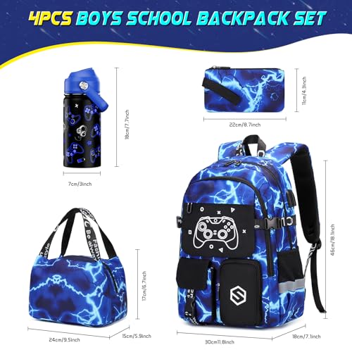 Scothen Boys Backpack, Cool Luminous Gamer School Backpacks for Boys with 14oz Insulated Water Bottle Lunch Bag Pencil Case, Kids Backpack Book Bags for Kindergarten Elementary Middle School - color: Lightning-blue