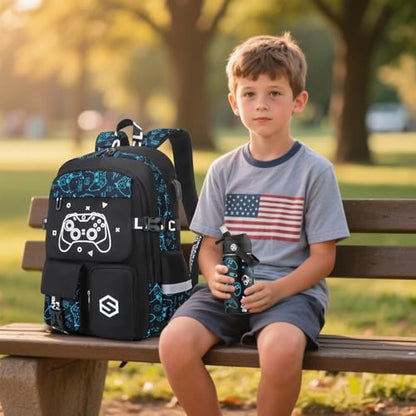Scothen Boys Backpack, Cool Luminous Gamer School Backpacks for Boys with 14oz Insulated Water Bottle Lunch Bag Pencil Case, Kids Backpack Book Bags for Kindergarten Elementary Middle School - color: Blue Pattern