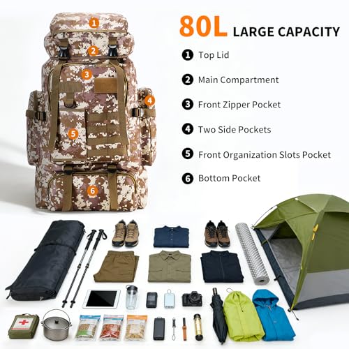 Hiking Backpack Tactical Backpack for Men Women, 80L Military Backpack Rucksack Waterproof Large Travel Camping Backpack for Men, Molle Rucksack Outdoor Travel Cycling Daypack (Desert Camo) - color: Desert Camo