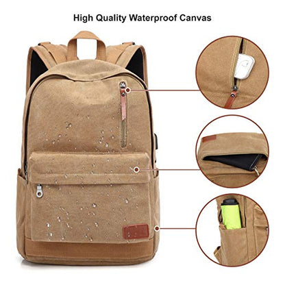 Canvas Laptop Backpack, Waterproof School Backpack With USB Charging College - color: Brown