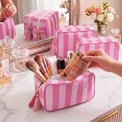 Kacctyen 6 Pack Bright Pink and Candy Pink Striped Makeup Bag bulk with Tassel Travel Cosmetic Pouch Organizer Large Zipper Toiletry Case for Women Aesthetic Storage Pouch Mahjong Tile Bag - color: Bright Pink and Candy Pink
