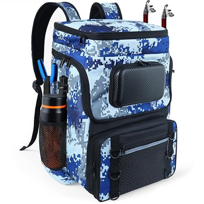 Fishing Backpack with Rod Holder, Large 50L Tackle Bag Water Resistant Tackle Backpack Heavy Duty Fishing Bag Gift for Men Woman - color: Blue Camo without Tackle Boxes or Fishing Tools