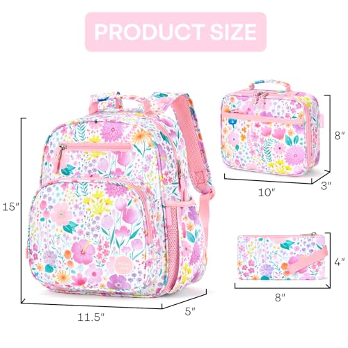 mibasies Girls Backpack with Lunch Box: 3PCS Kids Backpack Set for Kindergarten Elementary - 15 IN Cute Bookbag - Flower Pink - color: Flower Pink
