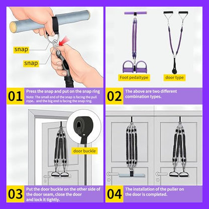 Multifunction Tension Rope, 2 Tubes Stretch Yoga Pedal Tension Strap, Adjustable Resistance, Tension Rope Fitness Equipment - color: purple-4