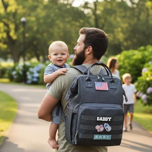 Diaper Bag Backpack for Dad and Mom with USB Charging Port Stroller Straps and Insulated Pocket,army military Travel Nappy Backpack (Dark Grey) - color: Black-grey