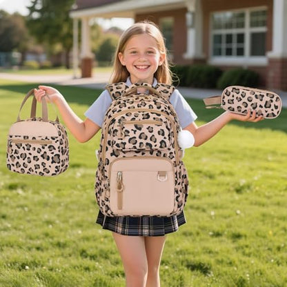 Bevalsa Backpack for Girls 3PCS Teen Girls Backpack for School with Lunch Bag Pencil Case Brown Cute Kids Laptop Backpacks Bookbag for Elementary Middle High School College Student (Leopard) - color: Brown Leopard