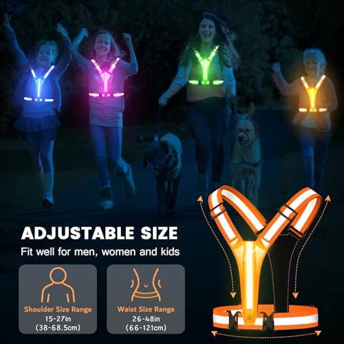 Fokia Kunbio LED Reflective Running Vest Gear,Light Up Vest Runners Night Walking USB Rechargeable,Up to 11hrs Light with Adjustable Waist/Shoulder for Women Men Kids - color: Orange