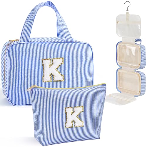 YOOLIFE Initial Toiletry Bag Travel Makeup Bag for Women - Hanging Toiletry Bag, Personalized Birthday Gifts for Women, Vacation Airplane Essentials - Letter K, Blue - color: Blue, style: K