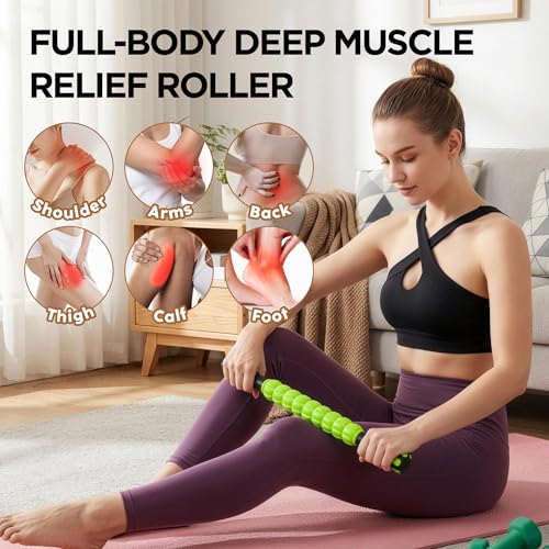 Muscle Roller & Massage Roller Stick for Athletes - Lymphatic Drainage Support, Relieves Muscle Soreness, Cramping & Tightness - Targets Legs, Arms, Back & Calves （Green - 18inch） - color: Green