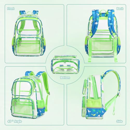 Sisipoet Clear Backpack for School, Heavy Duty PVC Transparent Bookbag, Funny Kids Backpacks with Dinosaurs Print, Green - color: Green/Dinosaurs