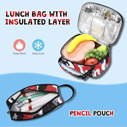 ACESAK Camo Backpack for Boys, Tactical Kids Backpack Boys, School Bags for Boy Children Teens Kids Elementary Middle High School, Military Bookbag and Lunch Bag Pencil Case Set with USB Charging Port - color: Red White