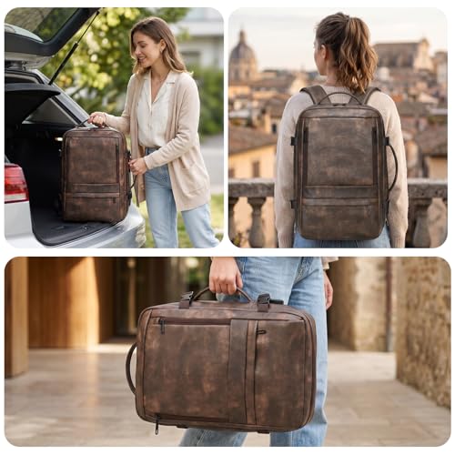 Travel Backpack for Men Women, PU Leather Carry On Backpack Flight Approved with Laptop Compartment, 40L Expandable Personal Item Travel Bag for Traveling Weekender Business (Coffee) - color: Coffee