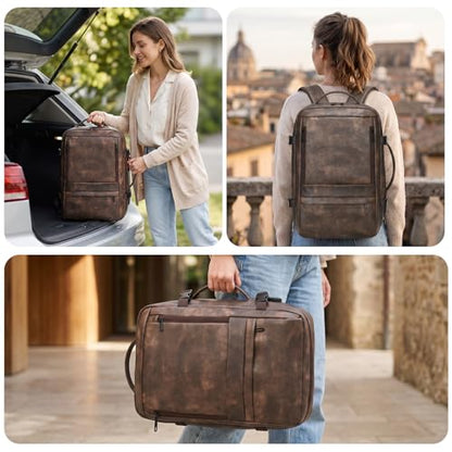 Travel Backpack for Men Women, PU Leather Carry On Backpack Flight Approved with Laptop Compartment, 40L Expandable Personal Item Travel Bag for Traveling Weekender Business (Coffee) - color: Coffee