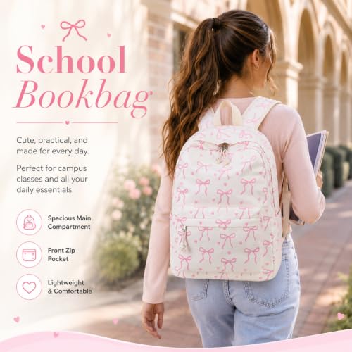 LOIDOU Girls Backpack for Kids Cute School Bookbag - color: Bow Tie Beige Set, size: L-17"