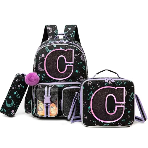 HTgroce Backpacks for Girls School Bag Kids Black Bookbag for Elementary Students Kids Backpack with Lunch Box and Pencil Case - color: Black, style: C
