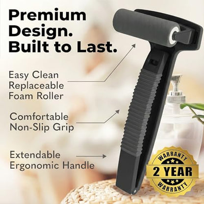 bearback Lotion Applicator for Back & Body - Long Reach Folding Handle with Reusable Foam Rollers - Apply Lotion, Medication, Ointment, Sunscreen, Self Tanner - (Black) (Handle with 2 Rollers) - color: Black