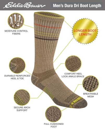 Eddie Bauer Men's Dura Dri Moisture Control Crew Socks (6 & 12 Packs) - color: Boot Length Olive Assorted (6 Pairs)