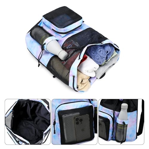 Lohol Large Mesh Drawstring Backpack with Shoe Bag, Durable Swimming String Sack with Handle for Sports Gym Yoga Beach Travel - color: Black