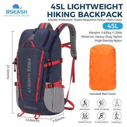 Bseash 45L Waterproof Hiking Camping Backpack with Rain Cover, Outdoor Sport Travel Bag Daypack for Climbing Skiing Cycling (Navy Blue) - color: Navy Blue