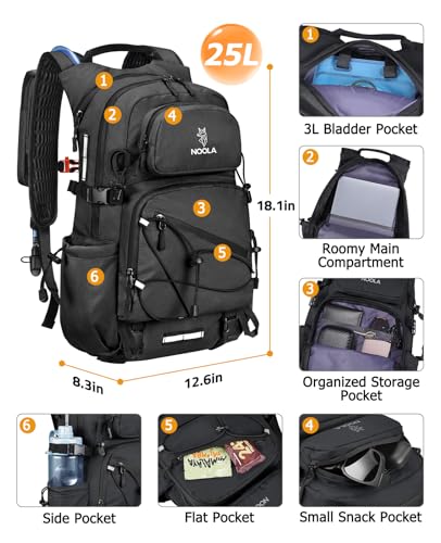 NOOLA Hydration Backpack with 3L Water Bladder - 25L Water Backpack for Hiking, Cycling, Running, Biking - Lightweight Hiking Pack Bag with Rain Cover, Phone Holder and Trekking Pole Holders, Black - color: Black, size: 25 Liters