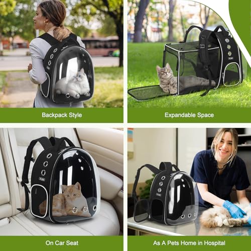 Lekereise Cat Backpack Carrier, Expandable Large Space Cat Bubble Backpack for Kitty Small Dog up to 18lbs, Transparent Pet Carrier for Travel, Hiking - color: Black