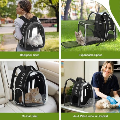 Lekereise Cat Backpack Carrier, Expandable Large Space Cat Bubble Backpack for Kitty Small Dog up to 18lbs, Transparent Pet Carrier for Travel, Hiking - color: Black