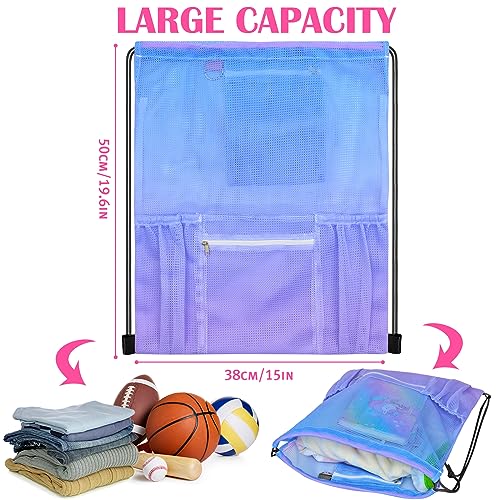 Mesh Drawstring Bag with Zipper Pocket, Beach Bag for Swimming Gear Backpack Gym Storage Bag for Adult - color: Blue