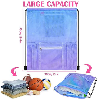 Mesh Drawstring Bag with Zipper Pocket, Beach Bag for Swimming Gear Backpack Gym Storage Bag for Adult - color: Blue