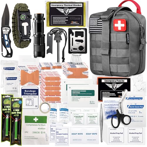 EVERLIT 250 Pieces Survival First Aid Kit IFAK EMT Molle Pouch Survival Kit Outdoor Gear Emergency Kits Trauma Bag for Camping Boat Hunting Hiking Home Car Earthquake and Adventures - color: Wolf Grey