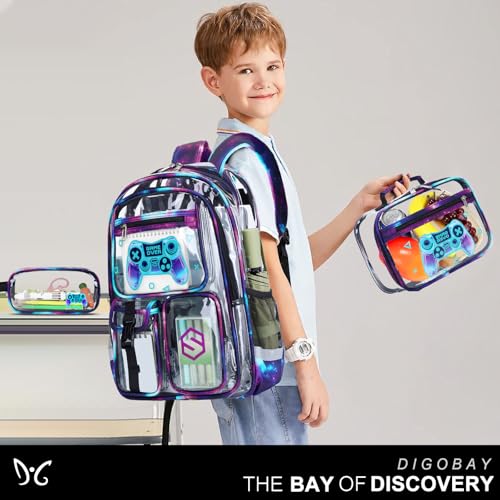 DIGOBAY 3PCS Cool Luminous Clear Backpack for Boys Kids, Gamer Clear Bookbag for School, See Through PVC Transparent Backpacks with Lunch Bag Pencil Case, Backpack Heavy Duty for School Stadium - color: Black-purple Galaxy