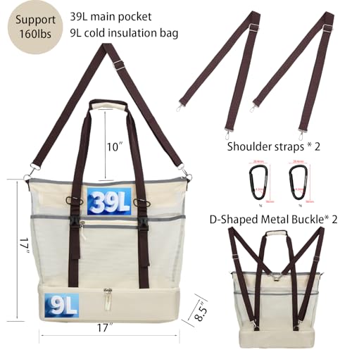 Mesh Beach Bag with Cooler Large Travel Family Vacation Essentials Pool Swimming Zipper Pocket Durable 9 Pockets - color: Beige