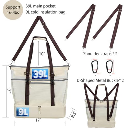 Mesh Beach Bag with Cooler Large Travel Family Vacation Essentials Pool Swimming Zipper Pocket Durable 9 Pockets - color: Beige