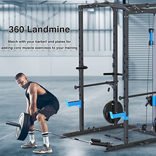 ULTRA FUEGO Power Cage, Multi-Functional Power Rack with J-Hooks, Dip Handles, Landmine Attachment and Optional Cable Pulley System for Home Gym - size: Power Cage with Pulley System and Olympic Bar
