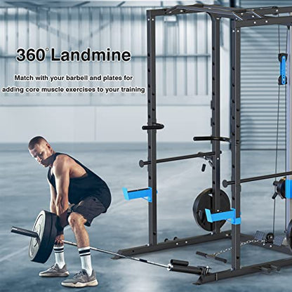ULTRA FUEGO Power Cage, Multi-Functional Power Rack with J-Hooks, Dip Handles, Landmine Attachment and Optional Cable Pulley System for Home Gym - size: Power Cage with Pulley System and Olympic Bar