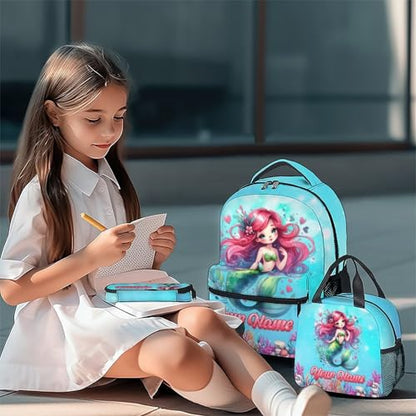 Mercuryelf Personalized Mermaid Backpack for Girls 3PCS Kids Backpack Set with Lunch Bag & Pencil Case, 17 Inch School Bookbag for Elementary Kindergarten - color: Black