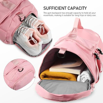 Travel Backpack Gym Bag for Men Women, Multipurpose Workout Hiking Daypack with Wet Pocket, Lightweight Pink Sports Backpack for Swimming and Fitness