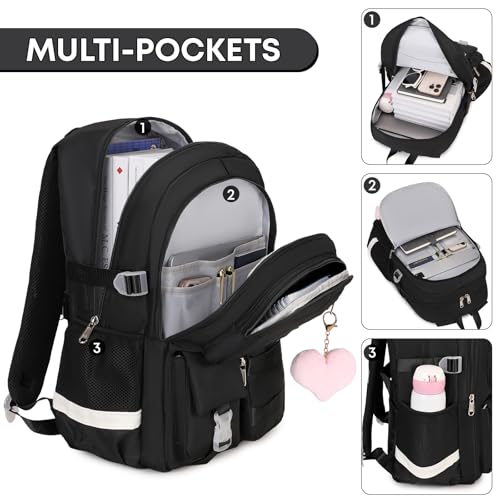 3PCS Student Backpack For School Women College Middle High Teen Girls Bookbag Waterproof Laptop Bag Black - color: Black