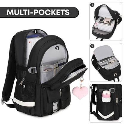3PCS Student Backpack For School Women College Middle High Teen Girls Bookbag Waterproof Laptop Bag Black - color: Black