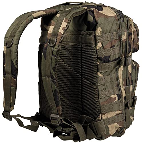 Mil-Tec Unisex Assault Pack - Rugged Durable Lightweight Ergonomic Versatile Tactical Outdoor Camping Hiking Backpack with Adjustable Padded Shoulder Straps & MOLLE Loops, Woodland Camo, 36L - color: Woodland Camo, style: 36l