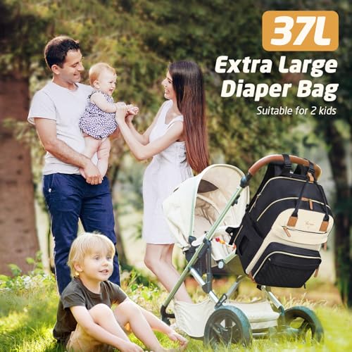 Diaper Bag Backpack - Extra Large Diaper Bag for 2 Kids Twin, Travel Baby Bags for Mom Dad 25-37L Expandable with Changing Pad Earphone Hole, Apricot Black - color: Black & Apricot
