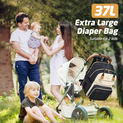 Diaper Bag Backpack - Extra Large Diaper Bag for 2 Kids Twin, Travel Baby Bags for Mom Dad 25-37L Expandable with Changing Pad Earphone Hole, Apricot Black - color: Black & Apricot