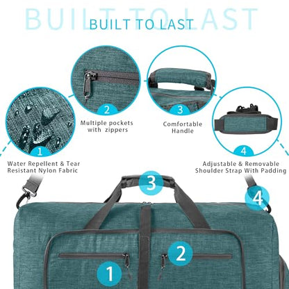 Vomgomfom 65L/85L/115L Foldable Travel Duffle Bag, Lightweight Checked Luggage with Shoe Compartment, Water-Resistant Weekender Overnight Bag for Men & Women - color: F Green, size: 115L