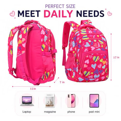 MYGOO Girls School Backpack Grove Heart Magenta Bookbag for Elementary Middle School Ages 5-12, 17 inch Large Capacity 24L Kids Student Travel Bags - color: Grove Heart Magenta